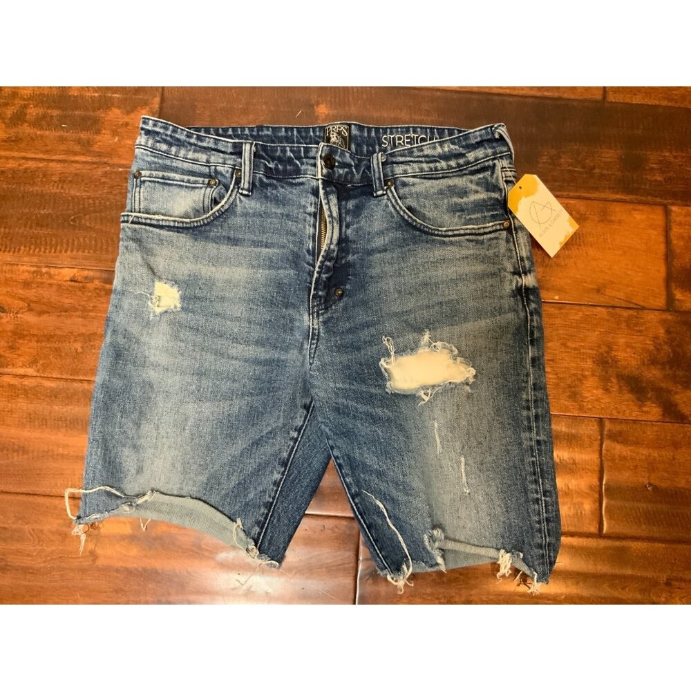PRPS Blue Medium Wash Distressed Denim Cutoff Jean Shorts, Size 34